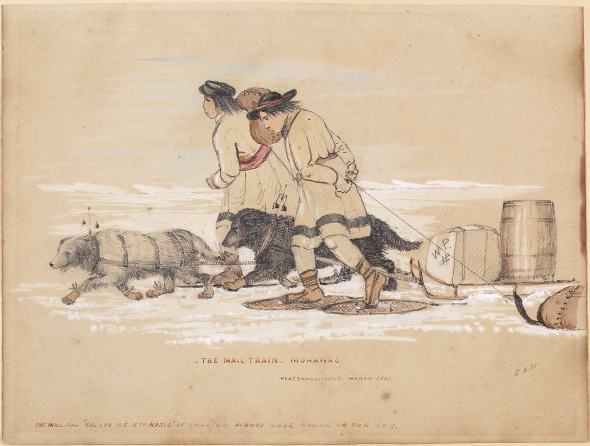 La livraison du courrier. Colonie mohawk, Penetanguishene... le courrier à destination de Sault De Ste Marie est transporté sur le lac Huron gelé. : [dessin] / Berdoe Amherst Wilkinson
