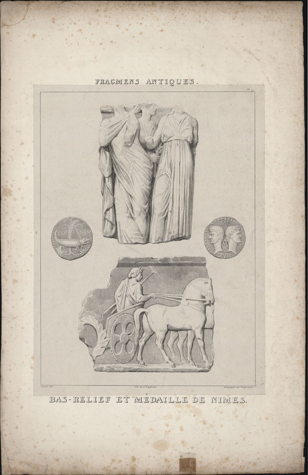 Fragmens antiques. Bas-relief et médailles de Nimes / Jorand del.t ; lithographié par Fragonard
