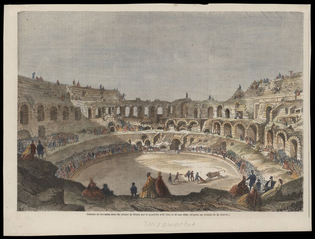 Courses de taureaux dans les arênes de Nîmes par le quadrille d'El Tato, le 10 mai 1863 / (D'après un croquis de M. Jouvin.) ; A. Deroy ; C. Maurand