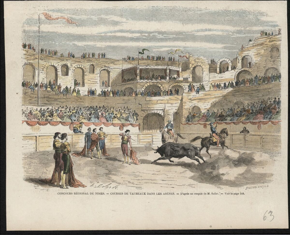 Concours régional de Nîmes. - Course de taureaux dans les arènes / D'après un croquis de M. Salles ; L. Dumont ; Godefroy Durand