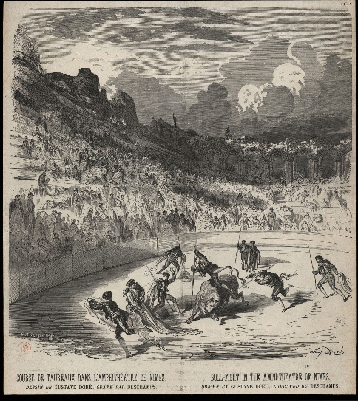 Course de taureaux dans l'amphithéâtre de Nîmes / Dessin de Gustave Doré ; gravé par Deschamps