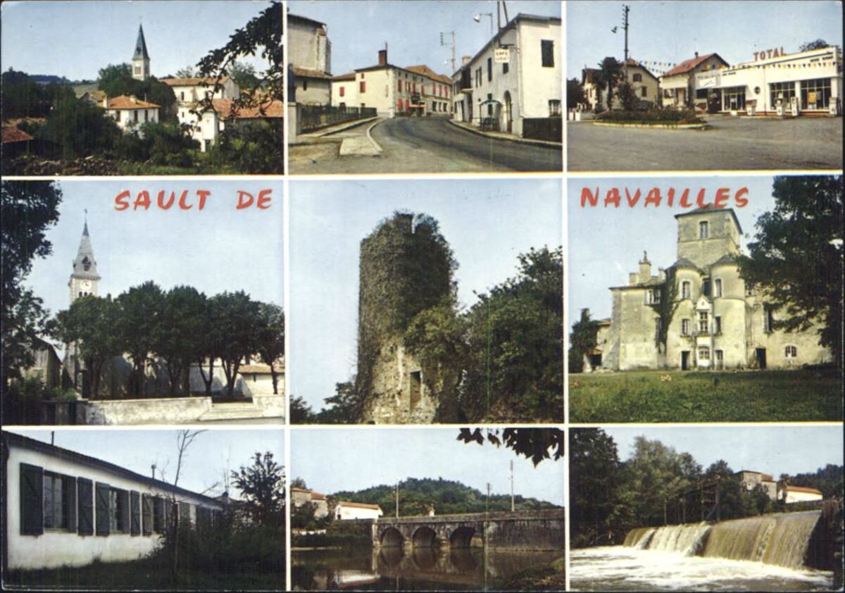 Château de Sault-de-Navailles (Pyrénées-Atlantiques) : Vue partielle du Bourg, l'Église, le Château, la Mairie, la Maison de reraite, La Vieille Tour