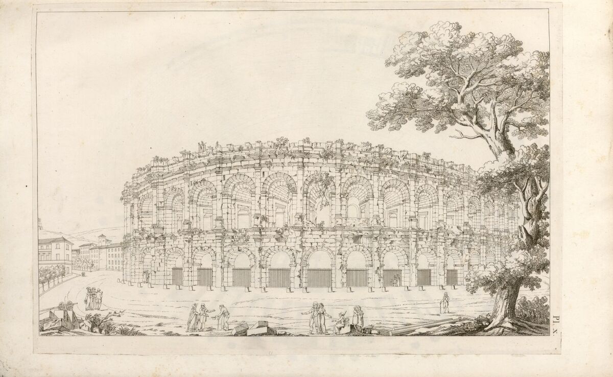 [Vue perspective de l'amphithéâtre, prise au sud-ouest] [Nîmes]