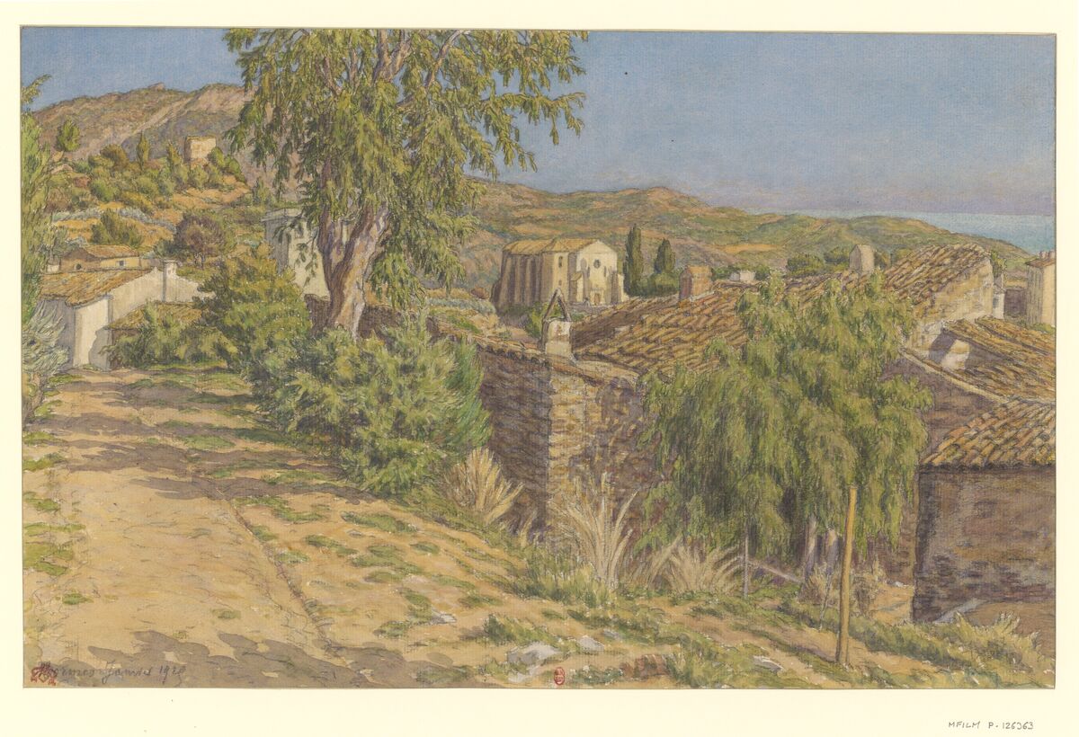 Bormes, [la route du château] : [dessin] / HR [Henri Rivière] [cachet rouge]