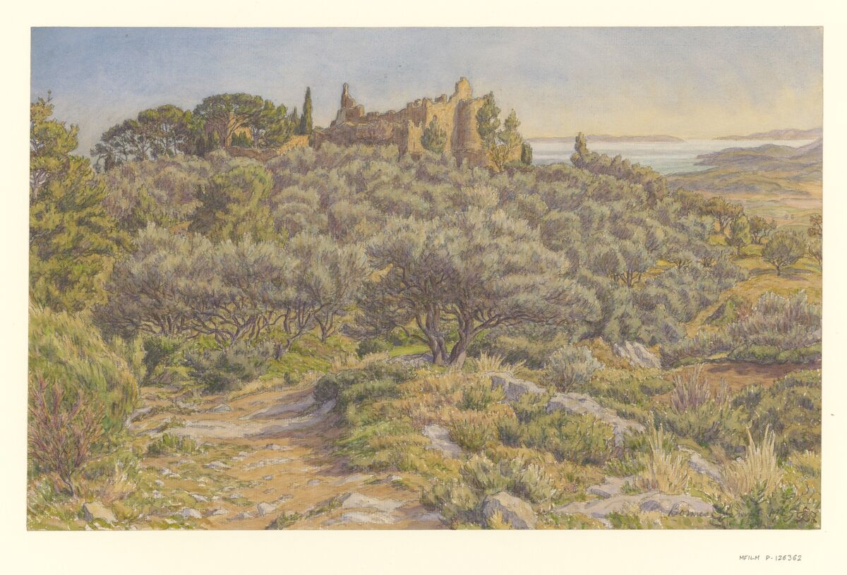 Bormes, [vue du vieux château] : [dessin] / HR [Henri Rivière] [cachet rouge]