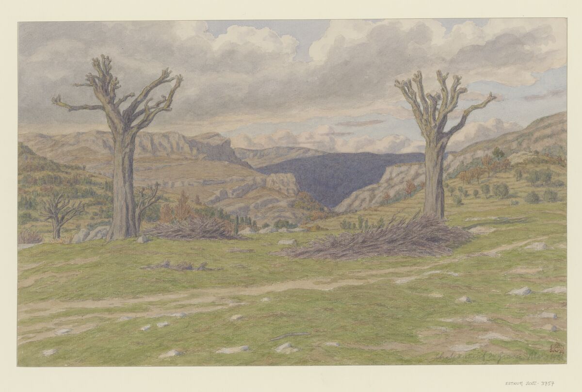 Châteauneuf-de-Grasse, les gorges du Loup vues de Châteauneuf-de-Grasse : [dessin] / HR [Henri Rivière] [monogr.]