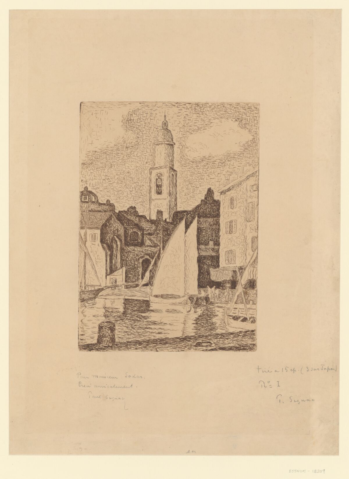[Le Clocher de Saint-Tropez, avec personnages sur le quai] : [estampe] / Paul Signac