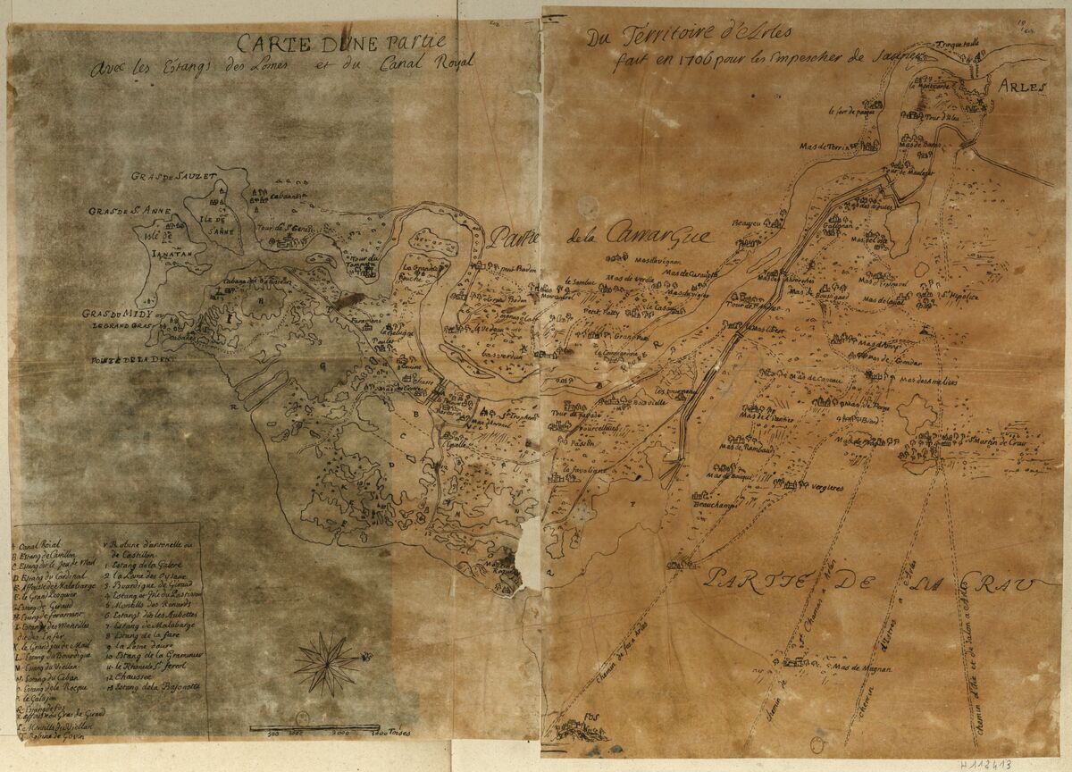 Carte d'une partie du territoire d'Arles, avec les estangs de Lomes et du canal royal fait en 1706 pour les empescher de sauner : [dessin]