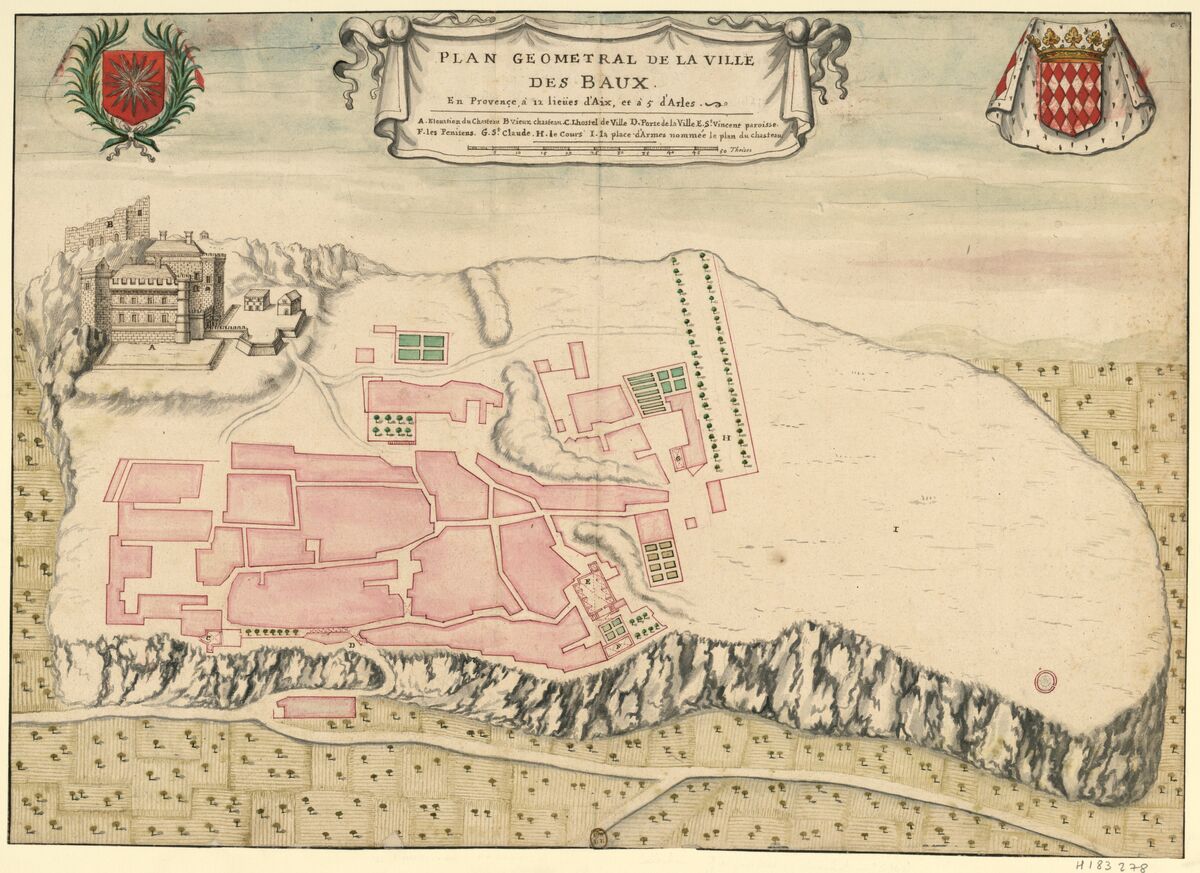 Plan géométral de la ville des Baux, en Provence a 12 lieües d'Aix, et a 5 d'Arles : [dessin]