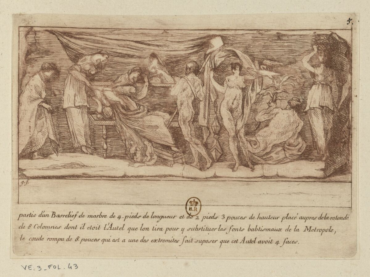 partie d'un Bas-relief de marbre de 4 pieds de longueur et de 2 pouces de hauteur placé auprès de la rotonde de 8 colonnes... : [estampe] / g. f.
