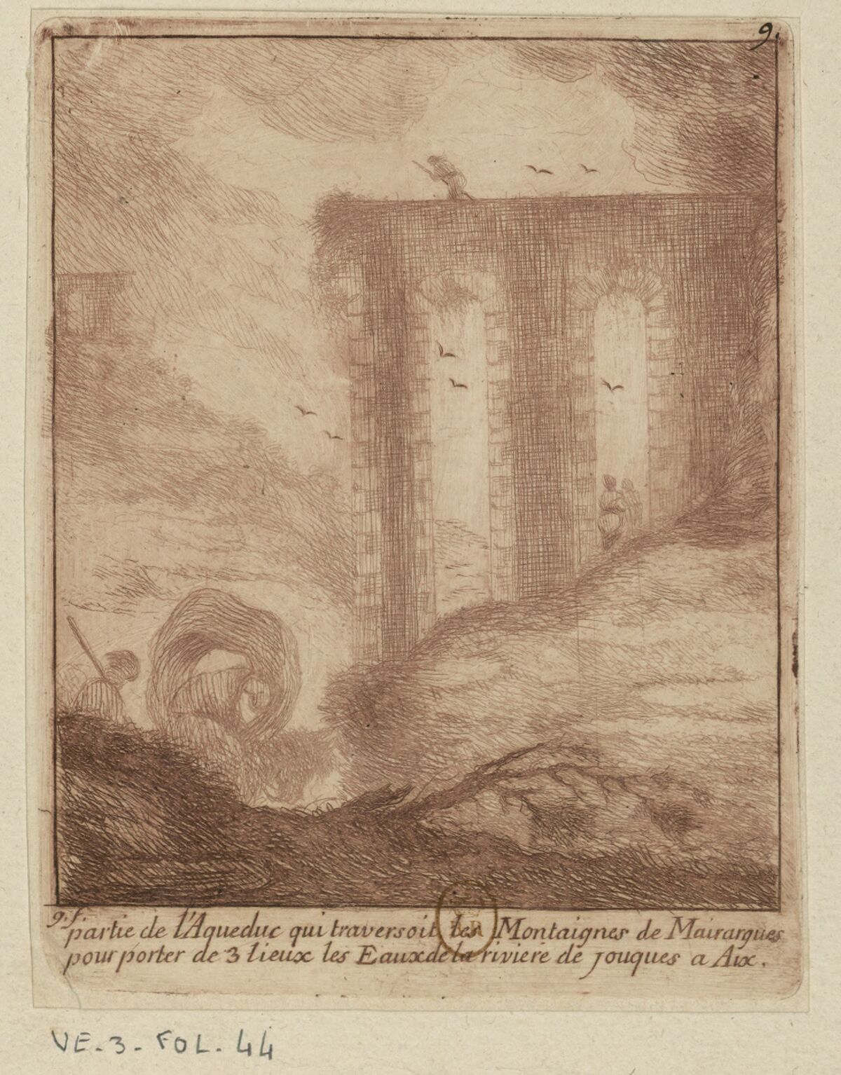 Partie de l'Aqueduc qui traversait les Montaignes pour porter de 3 lieux les Eaux de la riviere de jouques à Aix : [estampe] / g. f.