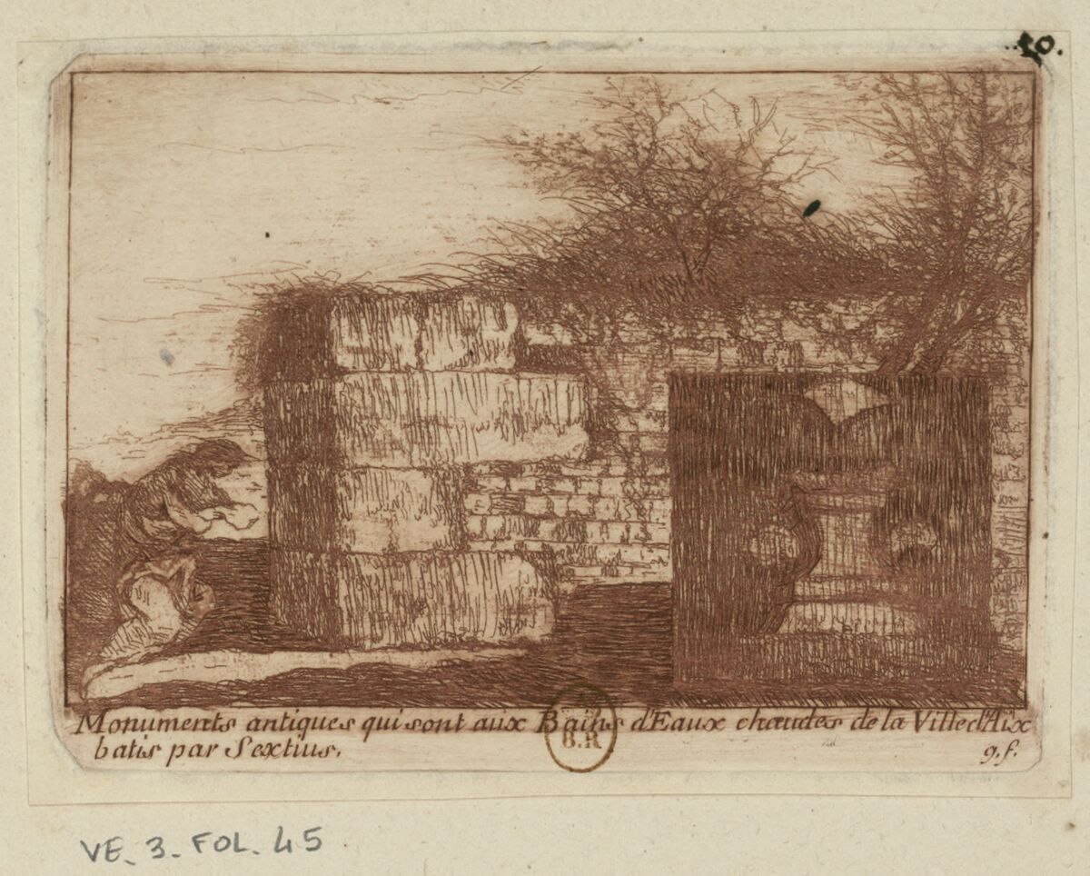 Monuments antiques qui sont aux Bains d'Eaux chaudes de la Ville d'Aix batis par Sextius : [estampe] / g. f.