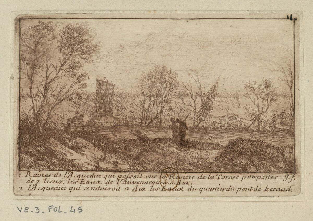 Ruines de l'Acqueduc qui passoit sur la Riviere de la Torsse pour porter de 2 lieux les eaux de Vauvenargues à Aix : [estampe] / g. f.