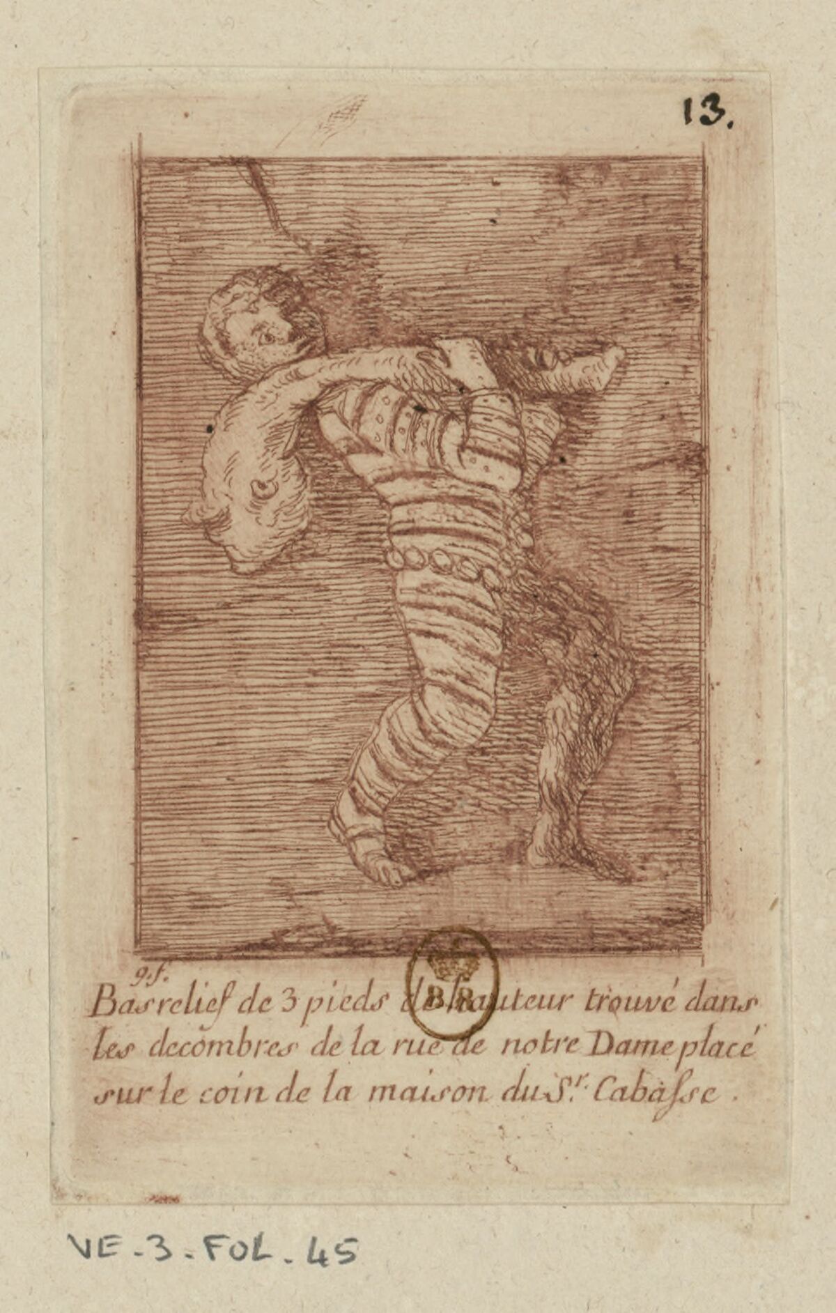 Bas-relief de 3 pieds de hauteur placé trouvé dans les décombres de la rue notre Dame placé sur le coin de la maison du Sr Cabasse : [estampe] / g. f.