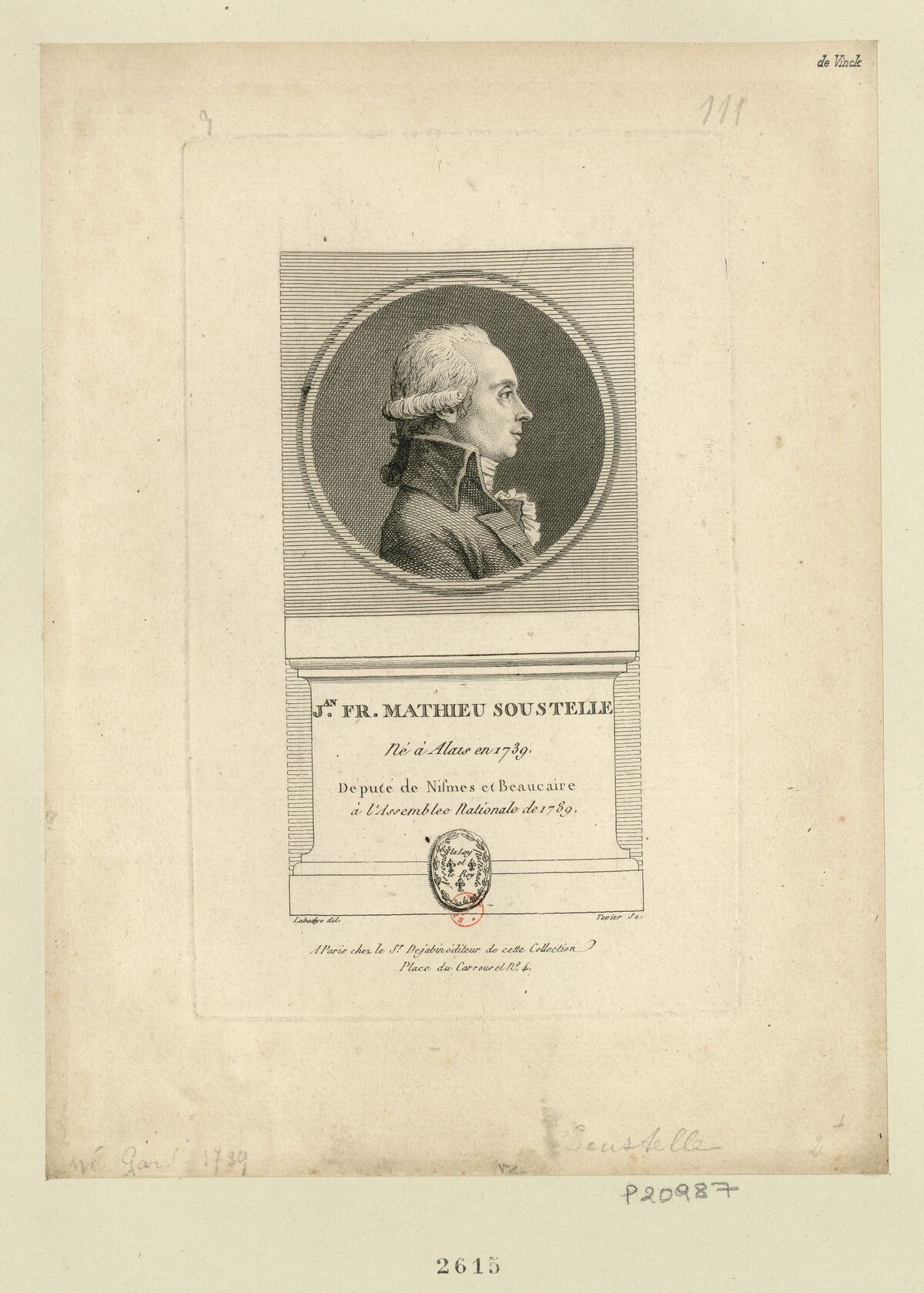 J.an Fr. Mathieu Soustelle : né à Alais en 1739 deputé de Nismes et Beaucaire à l'Assemblée nationale de 1789 : [estampe] / Labadye del. ; Texier sc.