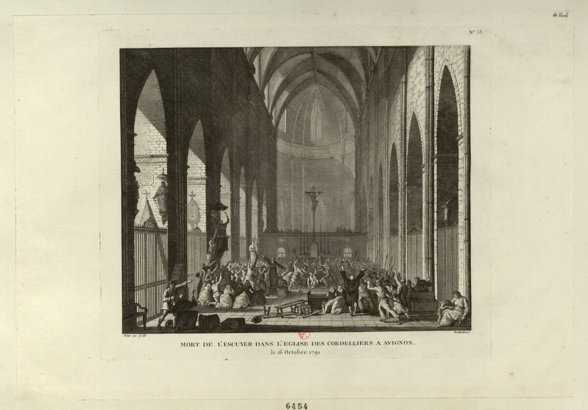 Mort de L'Escuyer dans l'église des Cordelliers à Avignon : le 16 octobre 1791 : [estampe] / Prieur inv. & del. ; Berthault sculp.