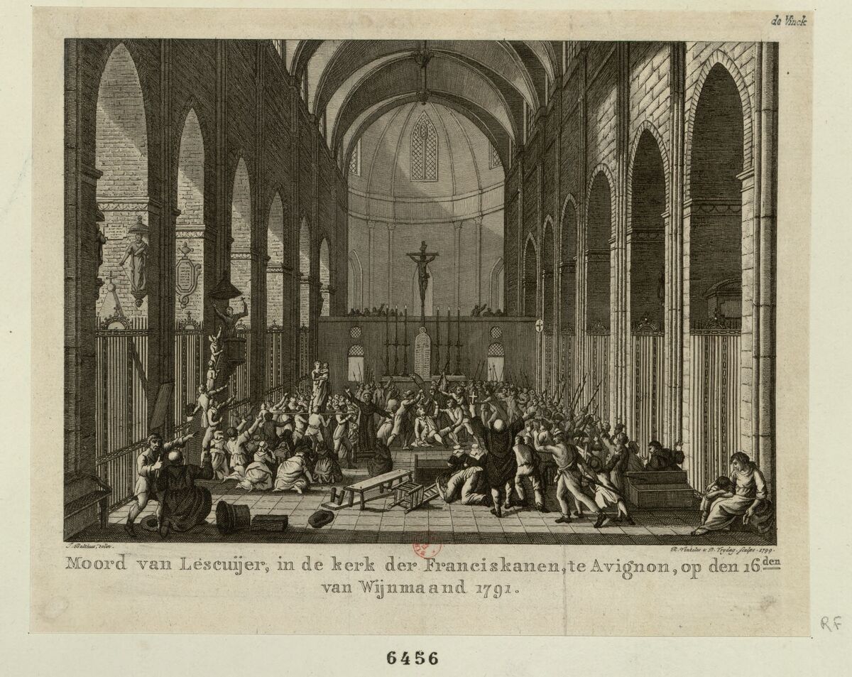 Moord van Lescuijer, in de Kerk der Franciskaanen, te Avignon... : [estampe] / J. Bulthuis, delin. ; R. Vinkeles & D. Vrydag, sculp. 1799