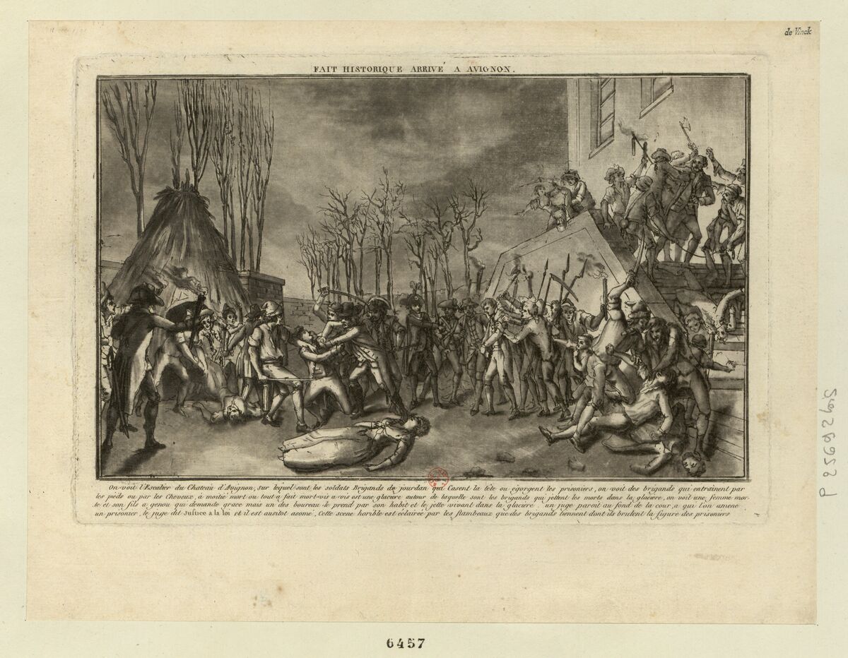 Fait historique arrivé a Avignon : on voit l'escalier du chateau d'Avignon, sur lequel sont les soldats brigands de Jourdan qui casent la tête, ou égorgent les prisonniers... : [estampe] / [non identifié]