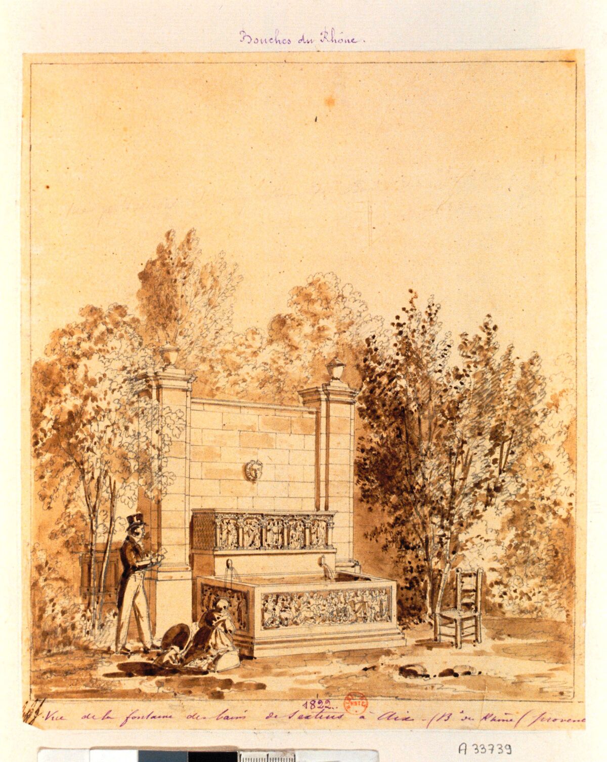 Vue de la fontaine des bains de Sextius à Aix. B. du Rhône (Provence) : [dessin] / JJJ [Jean-Baptiste-Joseph Jorand]