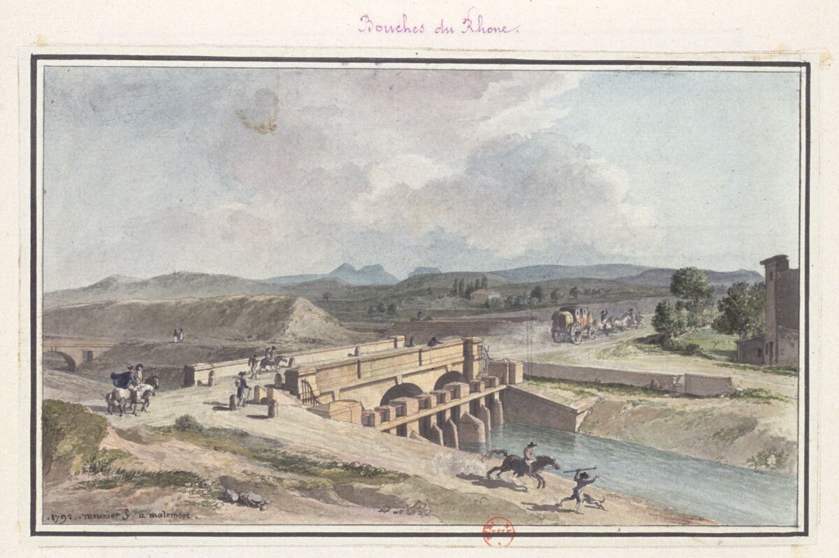 (2eme) vue du Canal des alpines avec le Pont et la digue qui distribue l'eau dans les deux branches du canal D'arrosage. Vüe dans l'endroit ou passe la grande route d'Aix ce qui a occasionné Des travaux Considerables : [dessin] / 1792 meunier f. a malemort