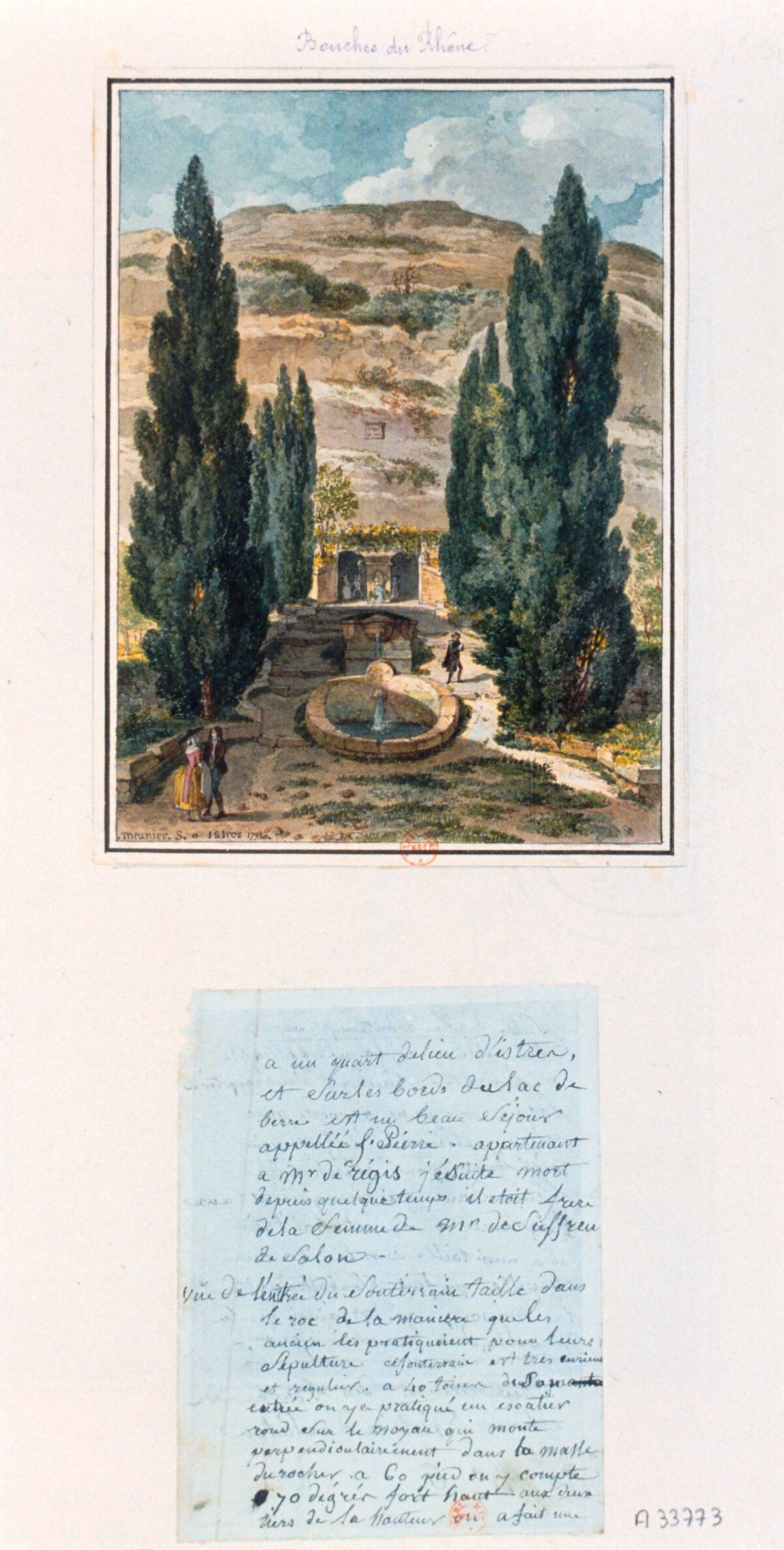 [Istres. Parc Saint-Pierre]. Vue de l'entrée du souterrain taillé dans le roc ... : [dessin] / meunier f. a istres 1792