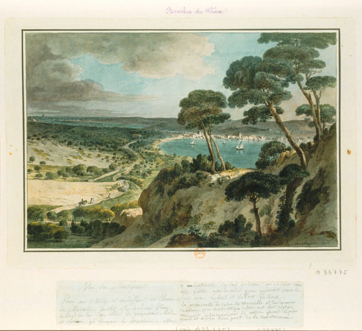 Vüe du Martigues Prise du Midy et au dessus du Chemin de Marseille ... : [dessin] / meunier f. a martigues 1792