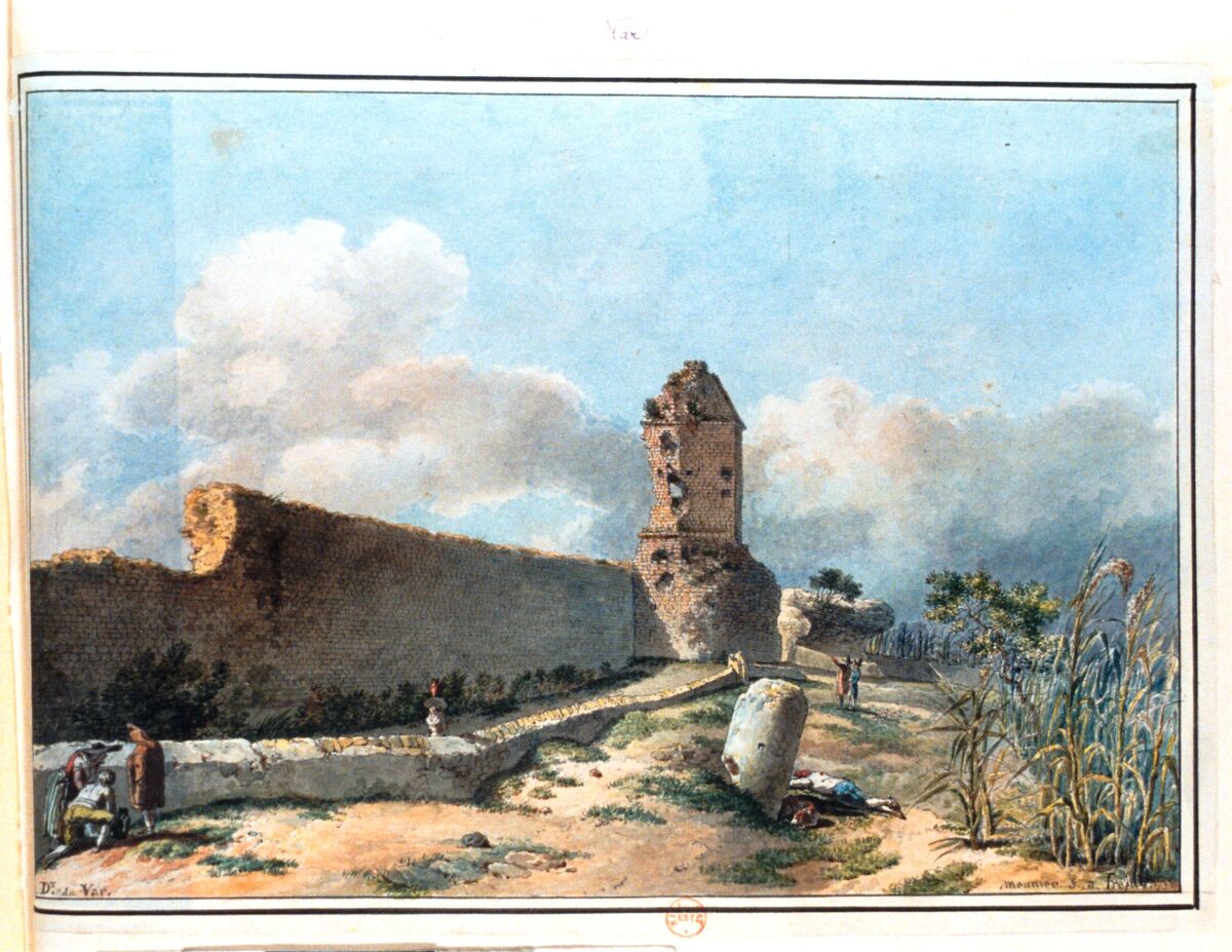 D.t du Var. Vue des restes du Phare et des murs du Port de fréjus batie par les Romains : [dessin] / meunier f. a Frejus 1793