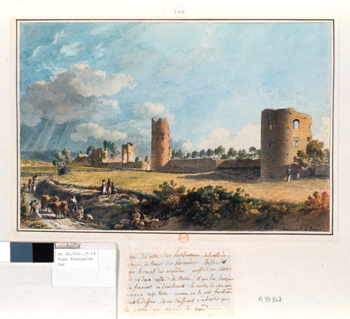 Vue des restes des fortifications de la ville de fréjus, du temps des Romains ... : [dessin] / meunier f. a Fréjus
