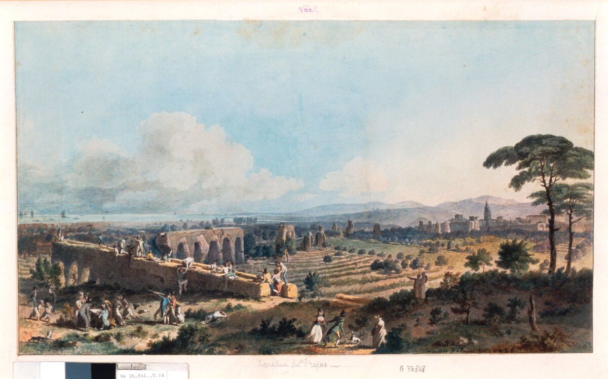 Vüe d'une Partie des restes de l'aqueduc de frejus batie par les Romains ... : [dessin] / meunier f. a Frejus l'an 2 de la R F