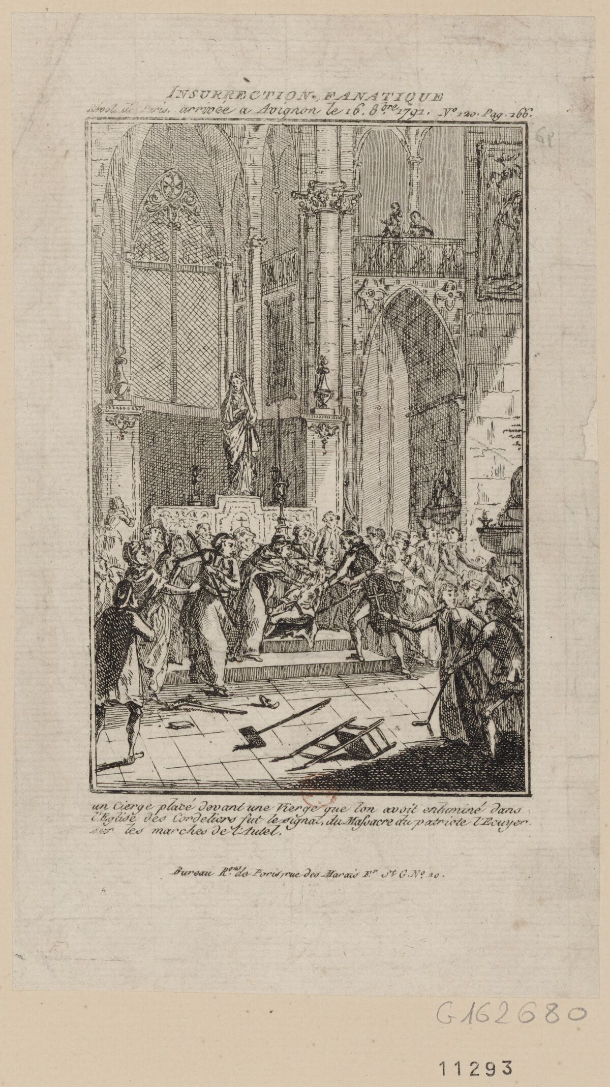 Insurrection fanatique arrivée à Avignon le 16 8.bre 1791 : un cierge placé devant une Vierge que l'on avait enluminé dans l'église des Cordeliers fut le signal du massacre du patriote l'Ecuyer sur les marches de l'autel : [estampe] / [non identifié]