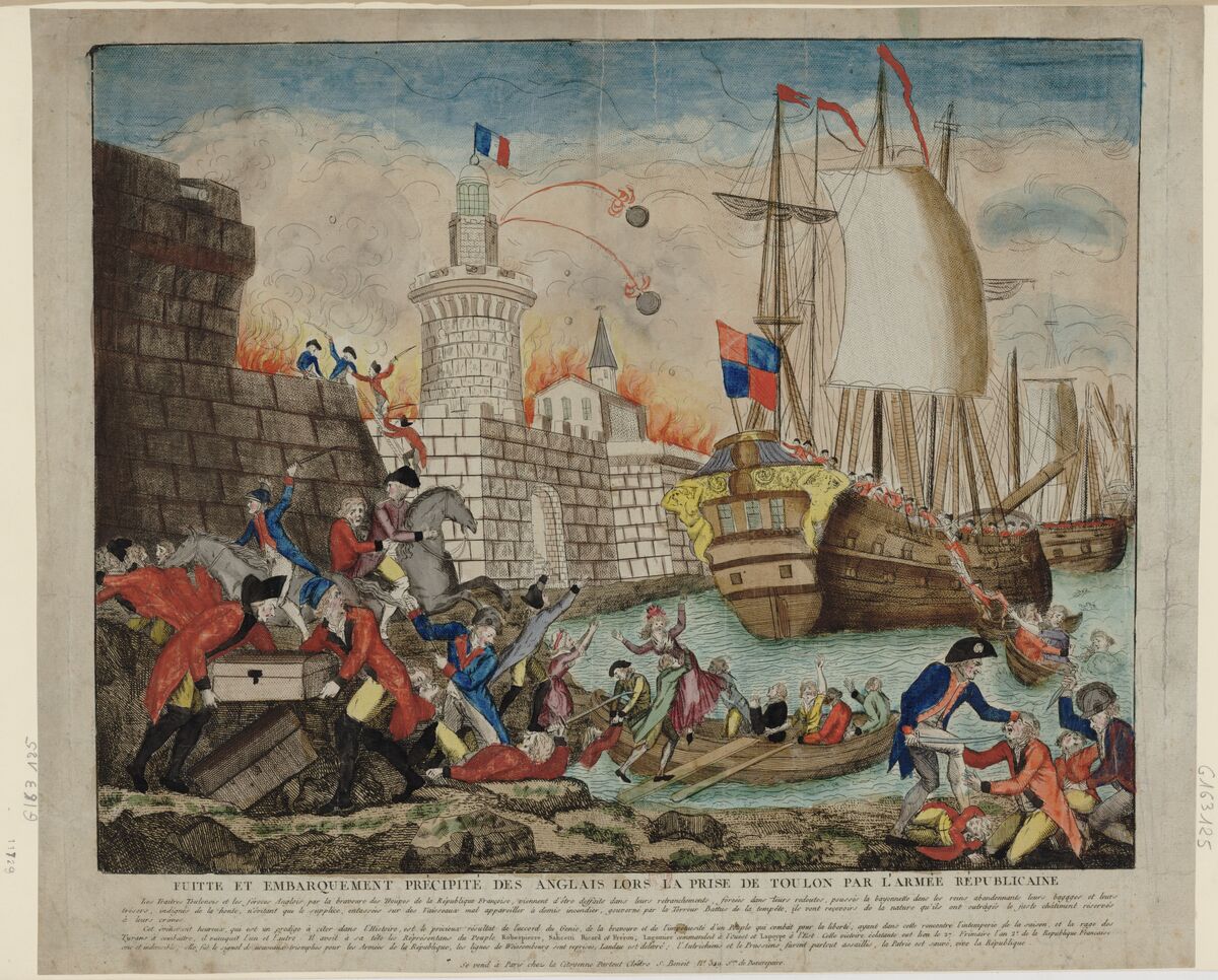 Fuite et embarquement précipité des Anglais lors de la prise de Toulon par l'armée républicaine... : [estampe] / [non identifié]