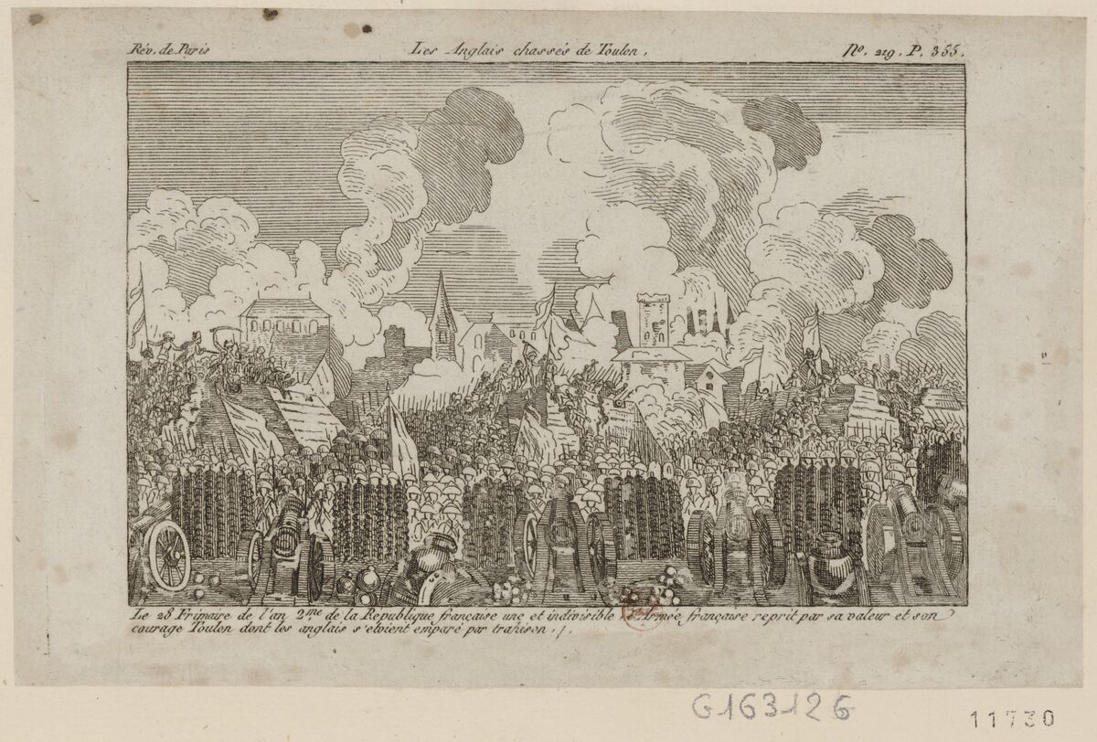 Les Anglais chassés de Toulon : le 28 frimaire de l'an 2.e de la République Française une et indivisible, l'armée française reprit par sa valeur et son courage Toulon, dont les Anglais s'étaient emparé par trahison : [estampe] / [non identifié]