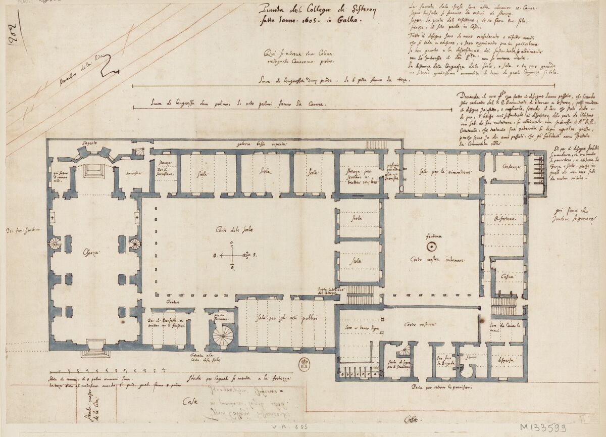 [Collège de Sisteron, France : projet d'ensemble comprenant aussi l'église - plan du rez-de-chaussée] : [dessin, plan] / [Étienne Martellange]