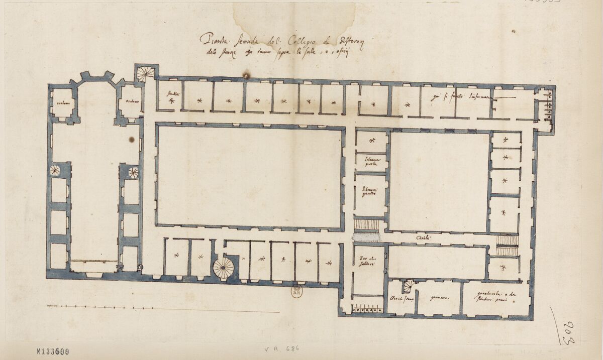 [Collège de Sisteron, France : projet d'ensemble comprenant aussi l'église - plan du premier étage] : [dessin, plan] / [Étienne Martellange]